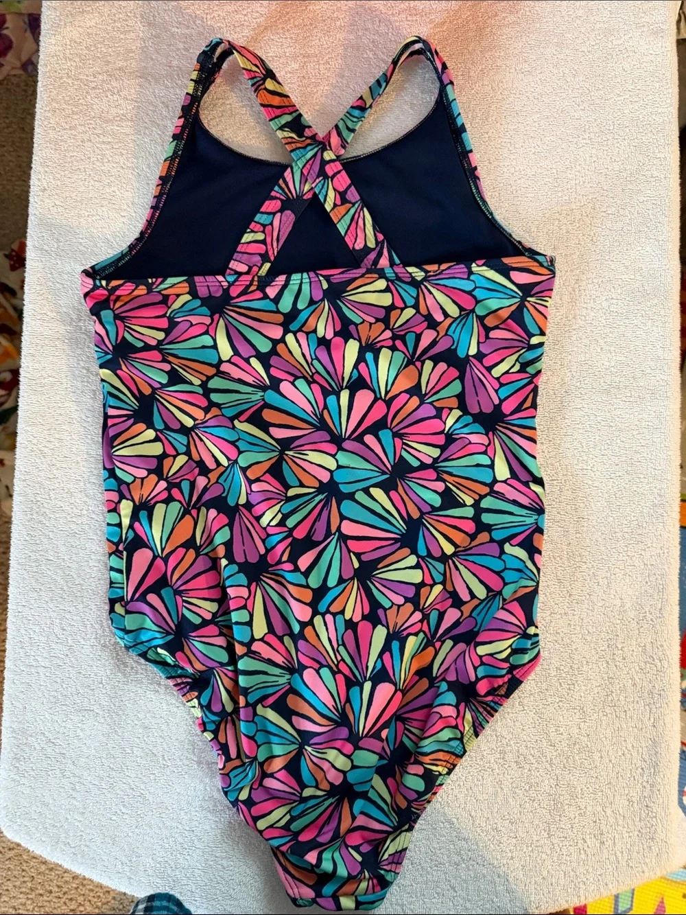 Lands' End Girls One-Piece Swimsuit in Navy with Bright Floral Petal Print